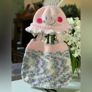 NEW‎ Handmade Ombre Pink Crochet Tote Bag & Smiley Pink Bucket Hat - Adult Size